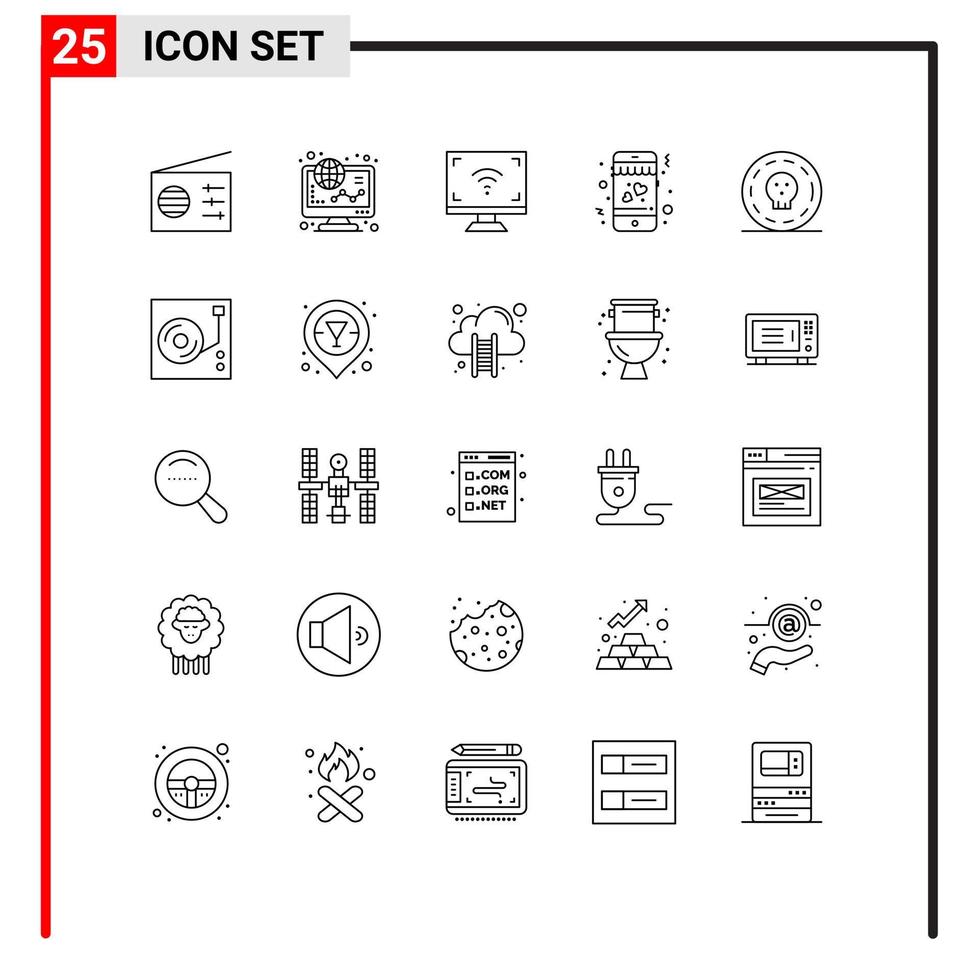pacote de 25 sinais e símbolos de linhas modernas para mídia impressa na web, como eletrônica móvel em dólar, elementos de design de vetores editáveis de tv