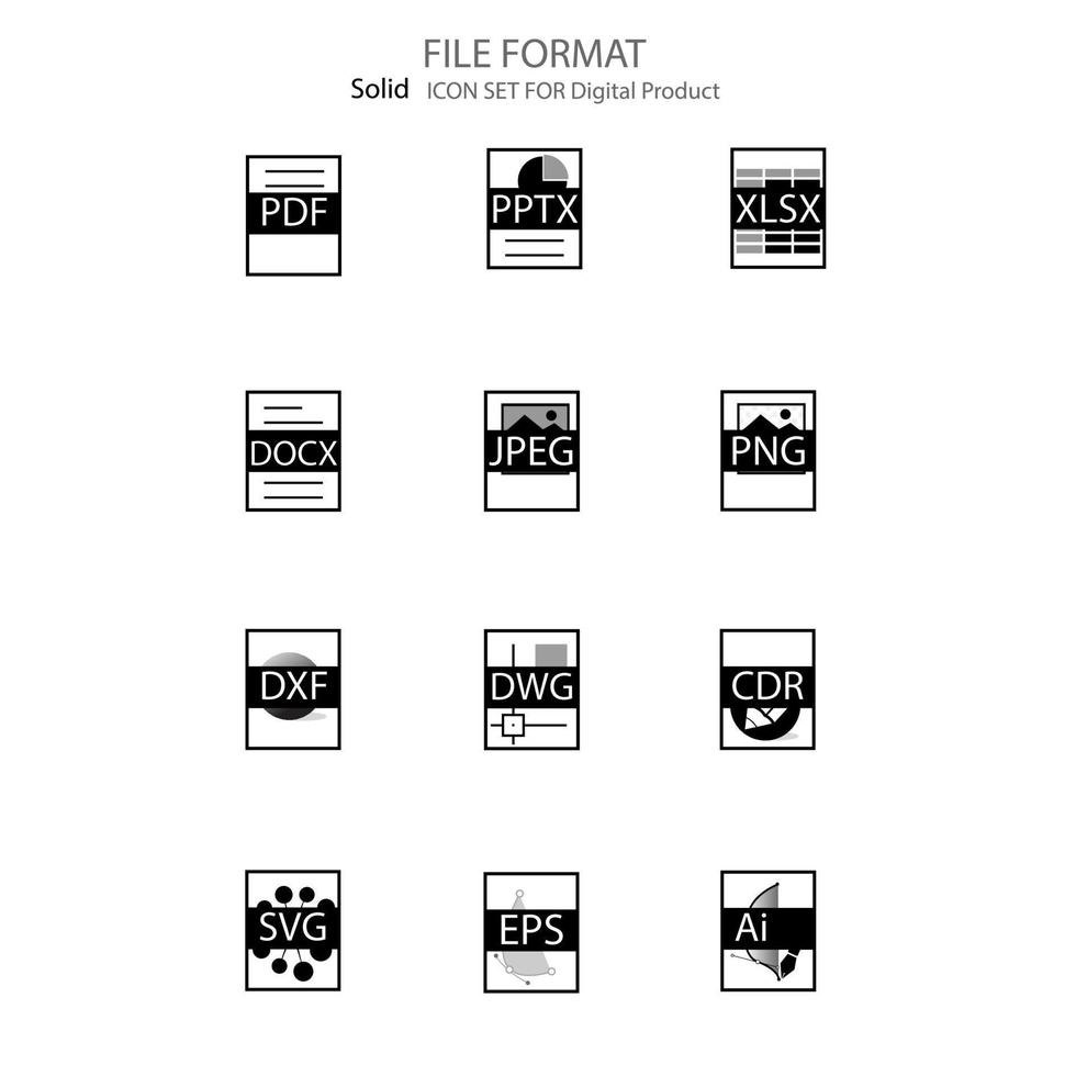 conjunto de ícones planos de formato de arquivo produto digital vetor