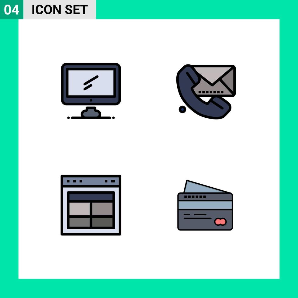 grupo de símbolos de ícone universal de 4 cores planas de linhas preenchidas modernas de mensagens de computador interface de contato imac elementos de design de vetores editáveis