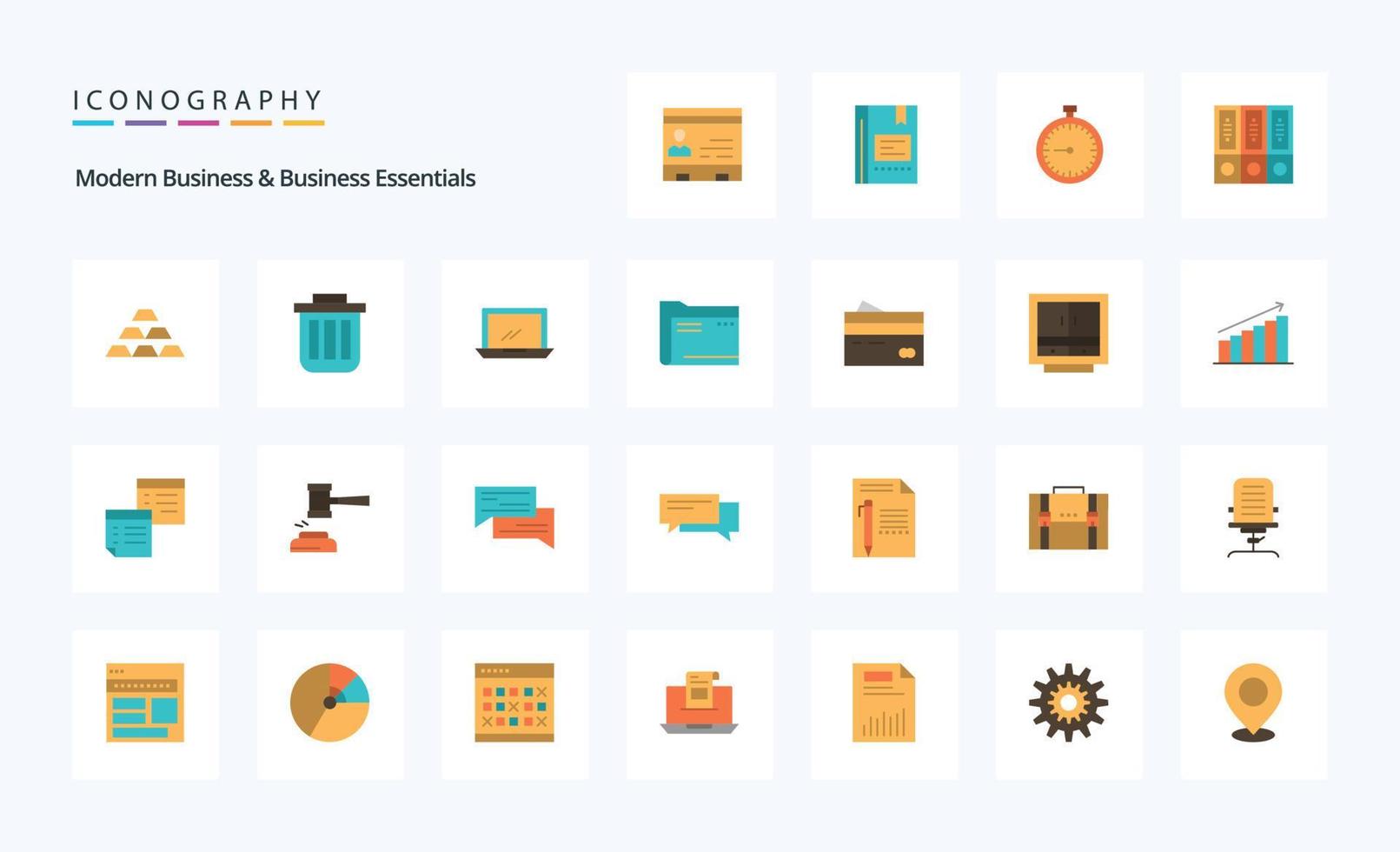 25 negócios modernos e pacotes de ícones de cores planas essenciais para negócios vetor