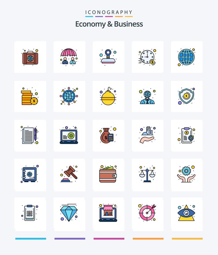 economia criativa e pacote de ícones cheios de 25 linhas de negócios, como negócios. . aceitar. Tempo. investimento vetor