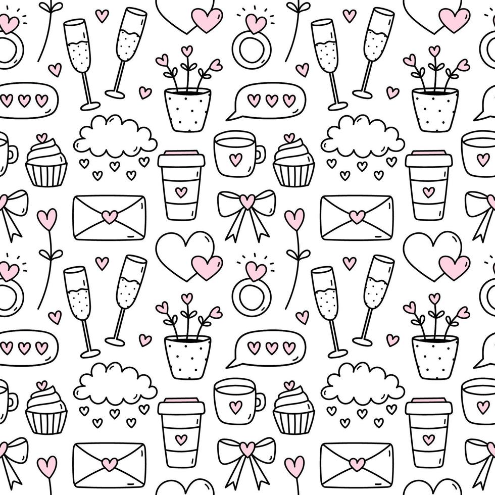 bonito padrão perfeito para dia dos namorados com champanhe, anéis, corações, nuvens, envelopes, café, cupcakes. ilustração em vetor doodle desenhado à mão. perfeito para projetos de férias, impressão, decoração, embrulho