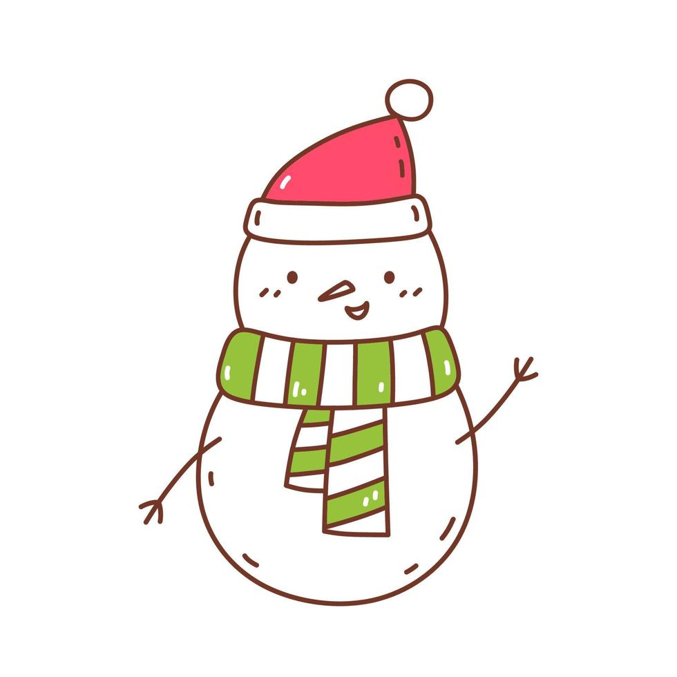 boneco de neve bonito em um chapéu de Papai Noel e cachecol isolado no fundo branco. ilustração vetorial desenhada à mão em estilo doodle. personagem kawaii. perfeito para cartões, decorações, logotipos e designs de natal. vetor