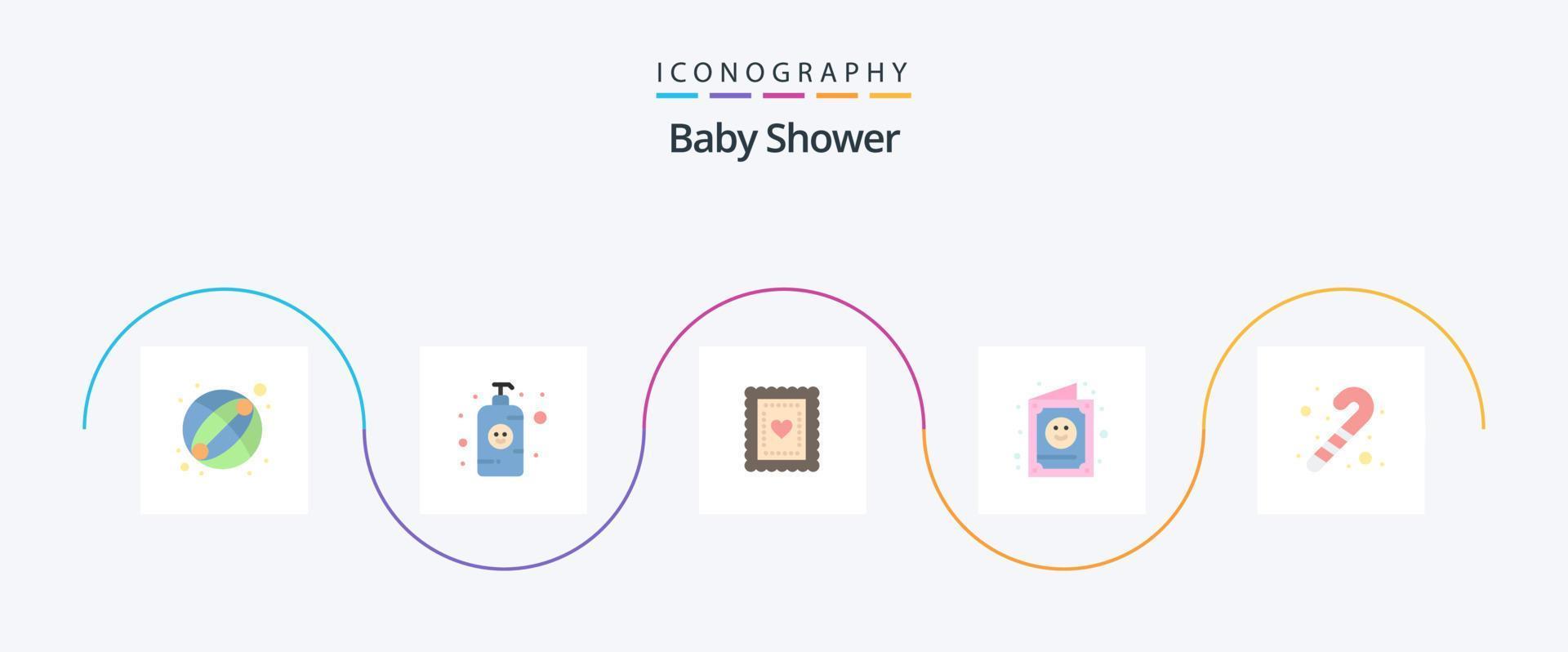 pacote de ícones plana 5 para chá de bebê, incluindo brinquedo. miúdo. biscoitos. convite. filho vetor
