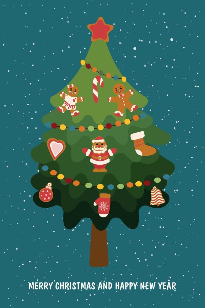árvore de natal festiva decorada com pão de mel. cartão de natal vetor