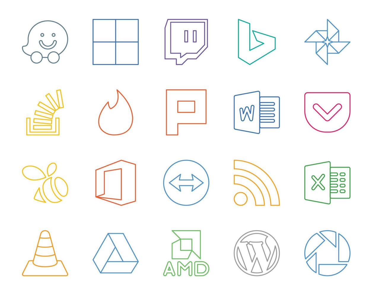 Pacote de 20 ícones de mídia social, incluindo bolso de escritório de estouro do Excel TeamViewer vetor