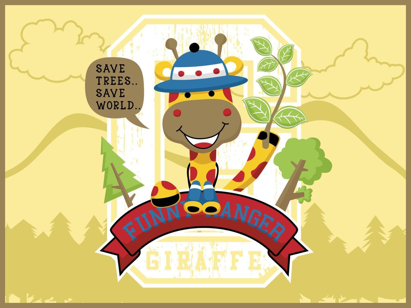 vetor de desenho animado de girafa fofa com binóculo e boné de ranger segurando galhos de árvores, ilustração de elementos de ranger
