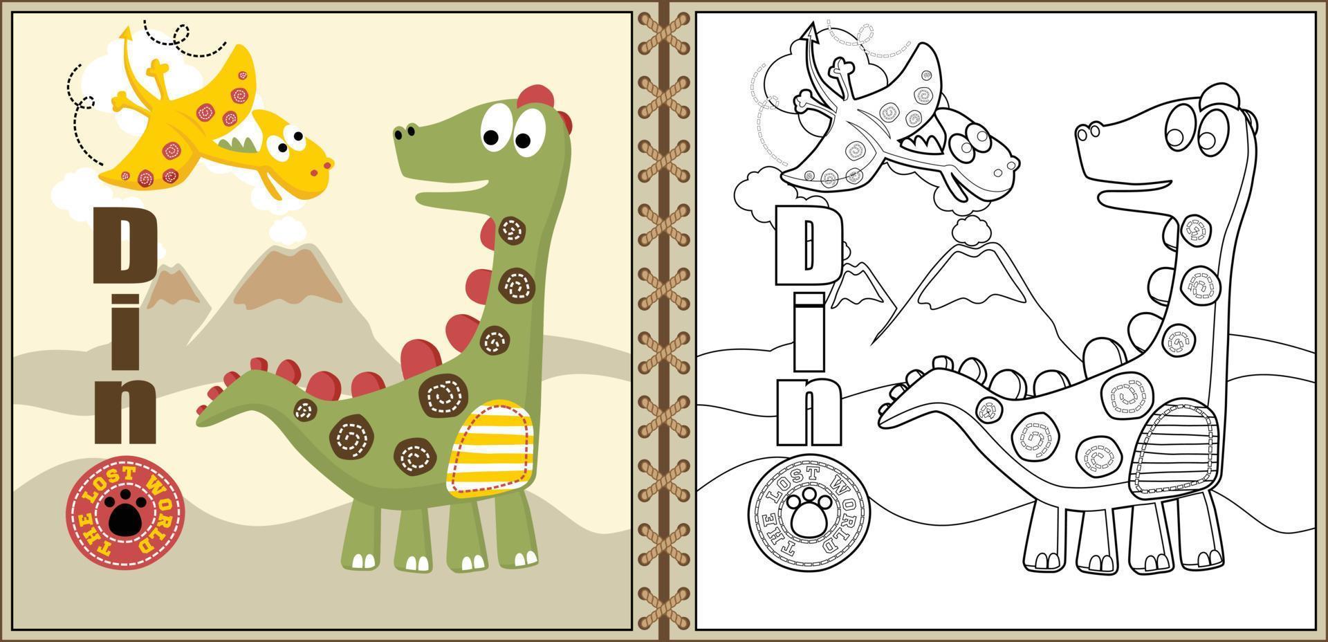 vetor engraçado dos desenhos animados dos dinossauros no fundo dos vulcões, na página da coloração ou no livro