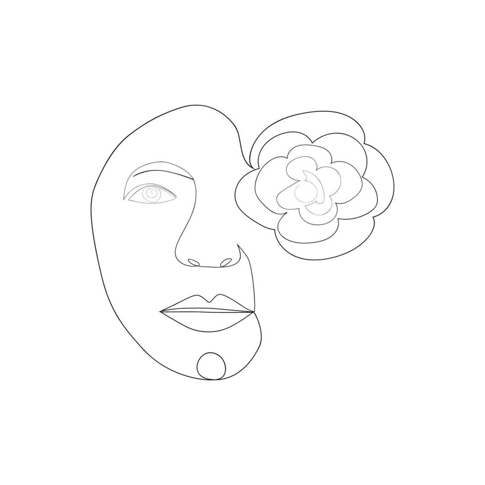 rosto de mulher com desenho de uma linha de flores. metade do rosto é uma flor. arte de desenho de linha contínua. cosméticos da natureza. vetor