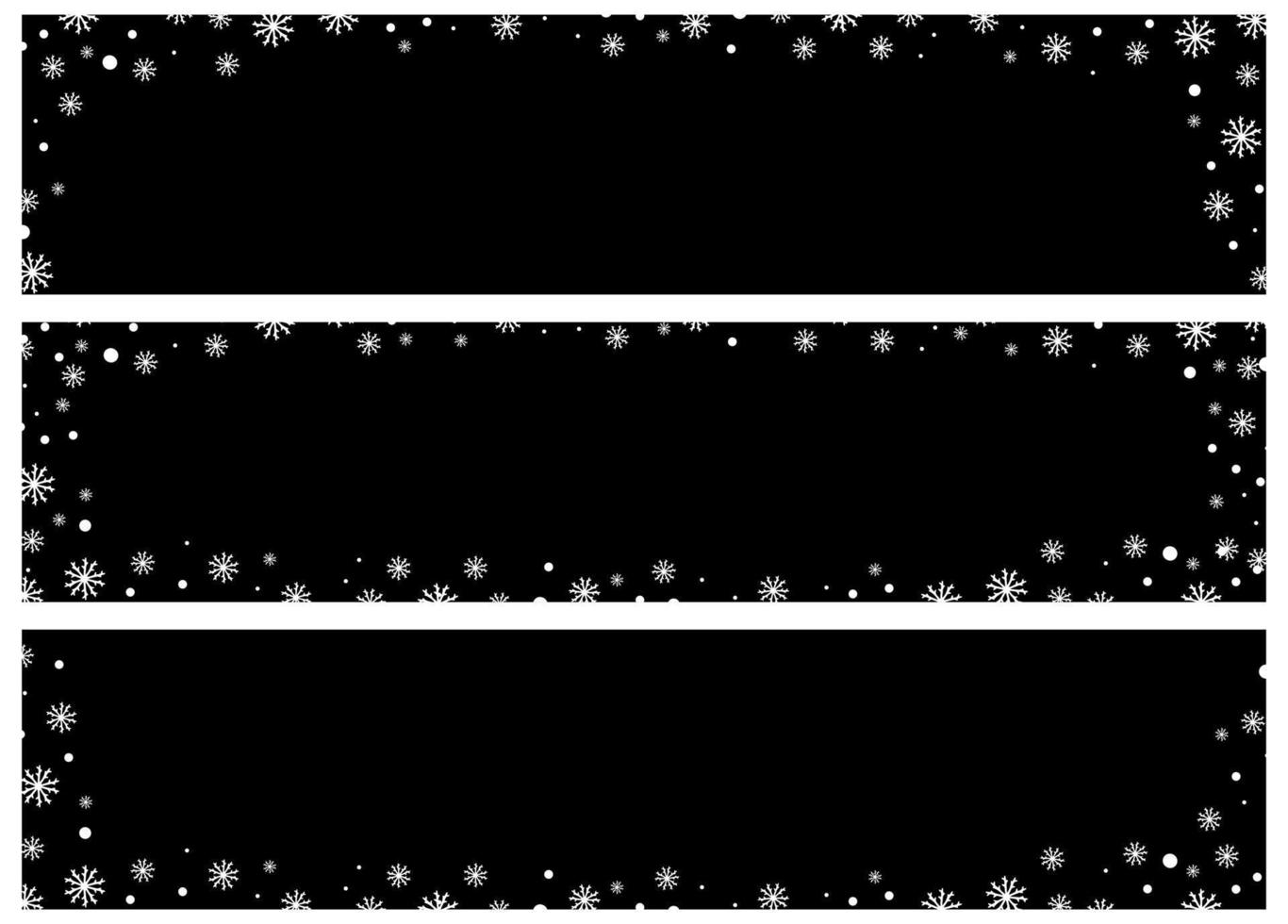 conjunto de banners de inverno com fundo preto e flocos de neve brancos vetor
