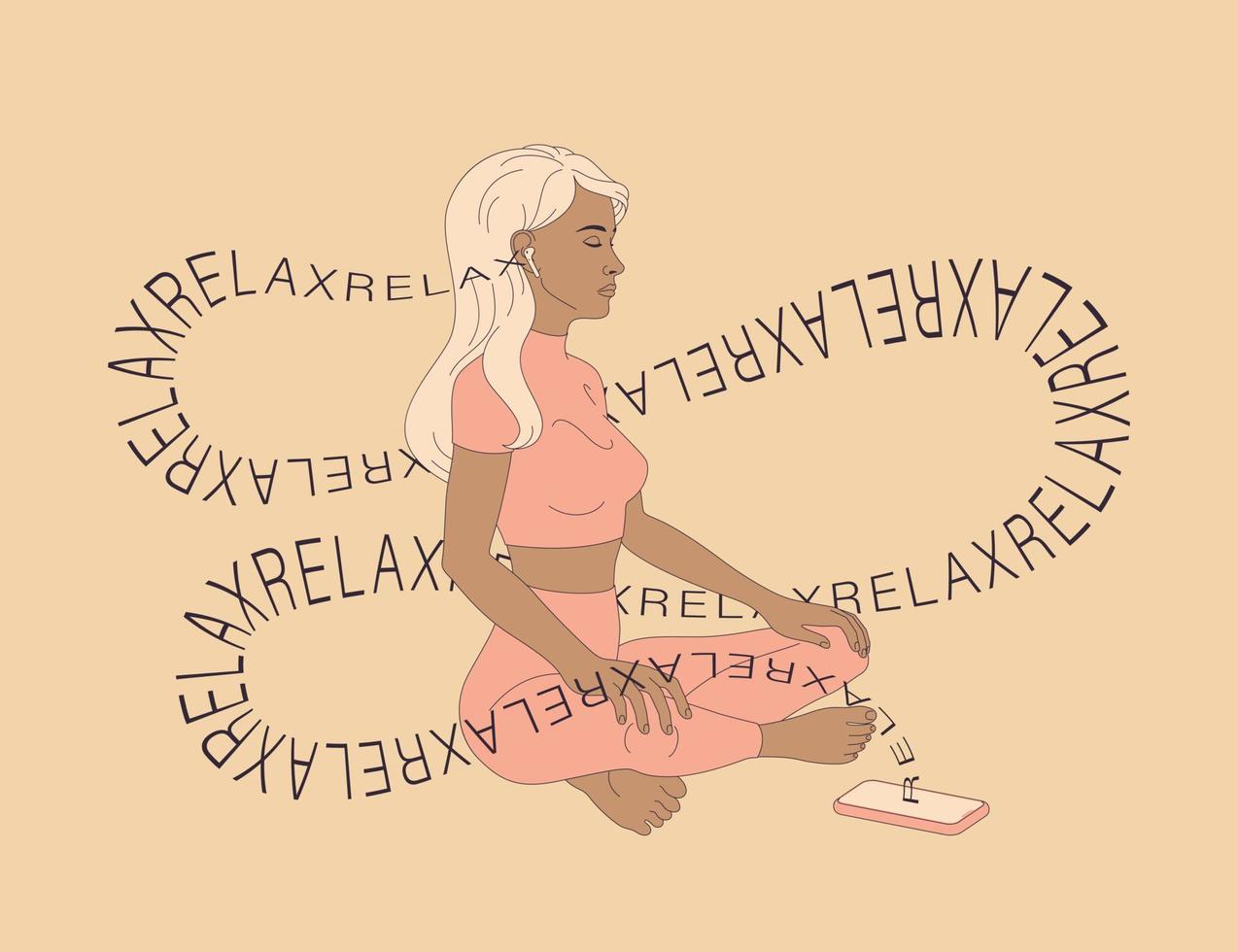 mulher medita, relaxa na posição de lótus usando seu smartphone. aplicativo de meditação. ilustração plana. arte conceitual. vetor