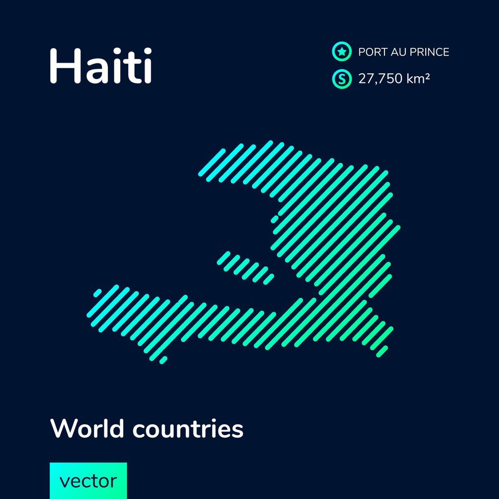 vector creative digital neon flat line art abstrato mapa simples do haiti com textura listrada verde, menta e turquesa em fundo azul escuro. banner educacional, cartaz sobre o haiti