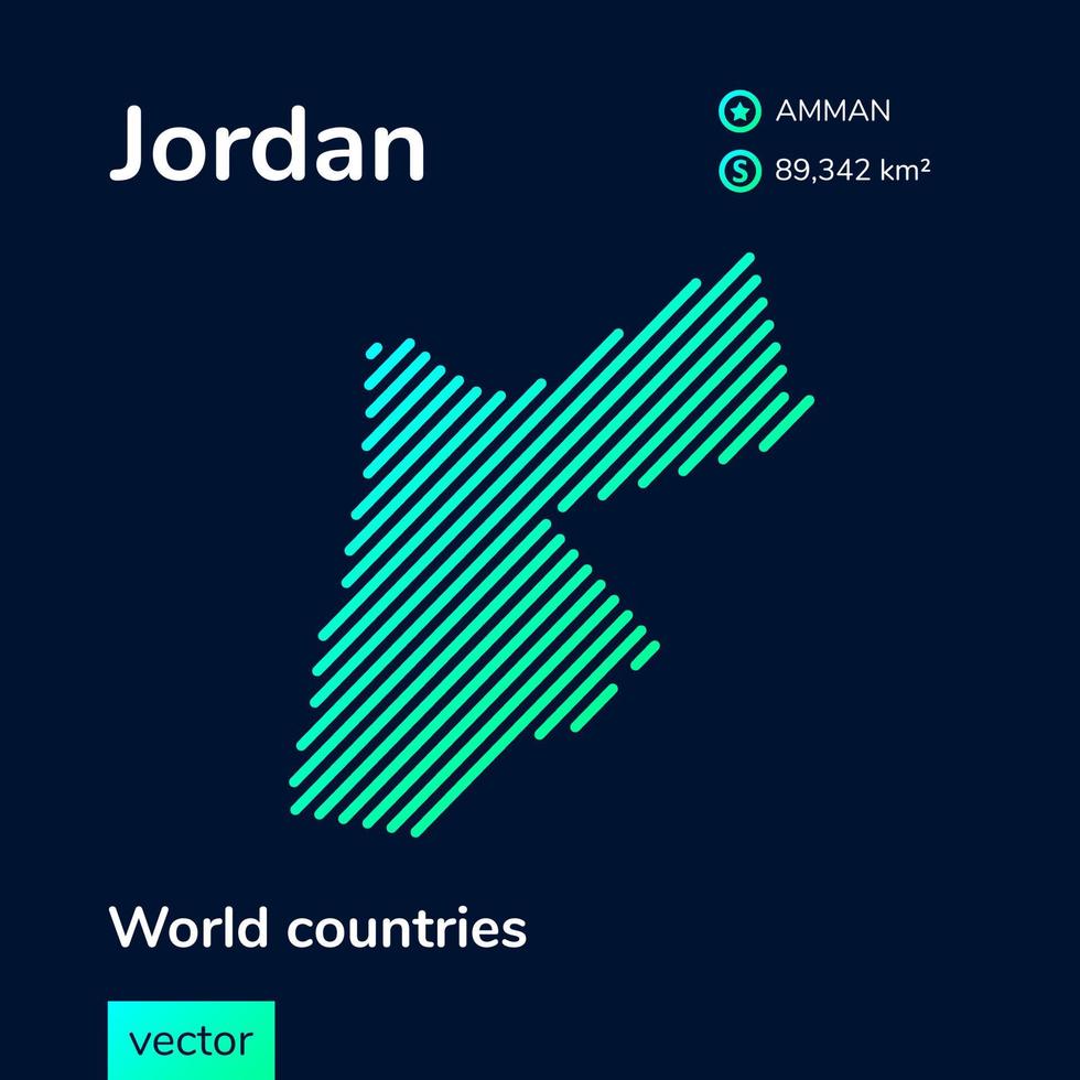 mapa da Jordânia plano criativo digital neon plano abstrato em cores turquesa em um fundo azul escuro. ícone estilizado do mapa da Jordânia. elemento infográfico vetor