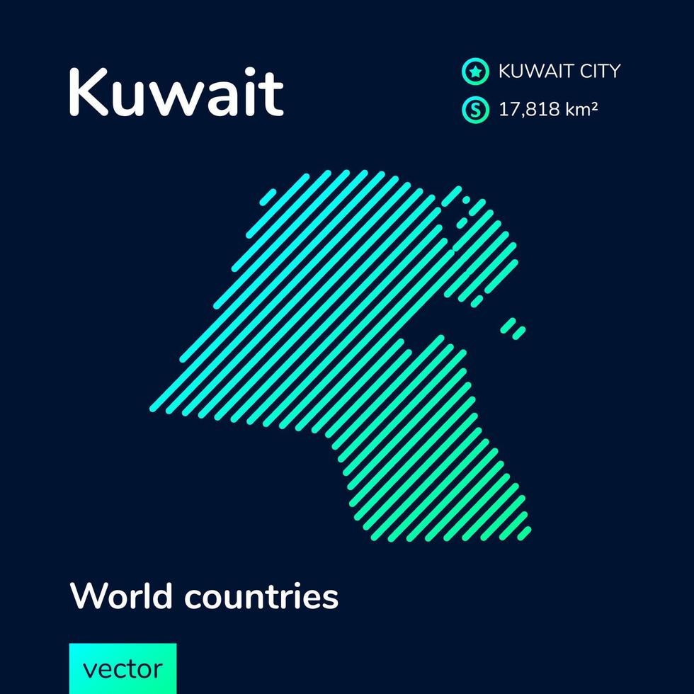 vector creative digital neon flat line art abstrato mapa simples do kuwait com textura listrada verde, menta e turquesa em fundo azul escuro. banner educacional, pôster sobre o kuwait