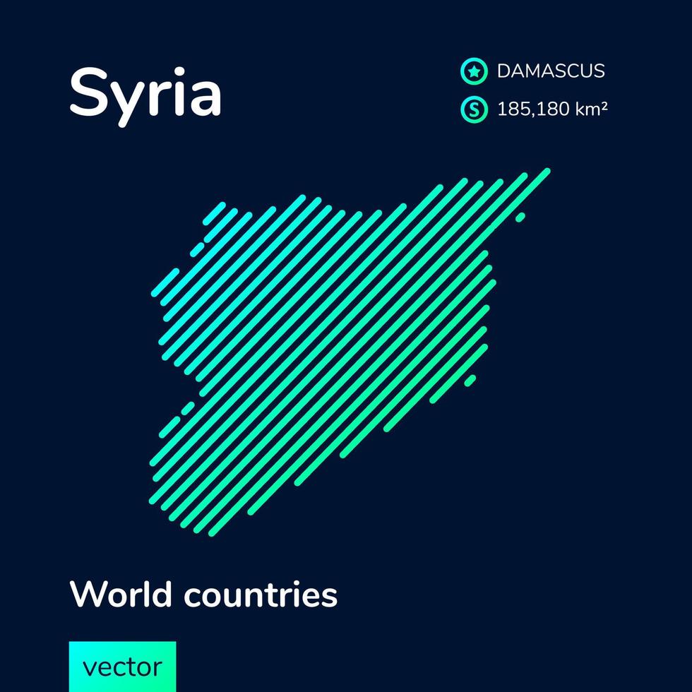 vector creative digital neon flat line art abstrato mapa simples da síria com textura listrada verde, menta e turquesa em fundo azul escuro. banner educacional, cartaz sobre a síria