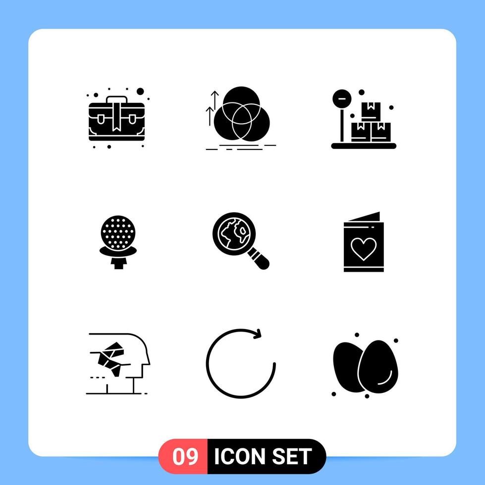conjunto de glifos sólidos de interface móvel de 9 pictogramas de jogo de geometria de hotel perdido elementos de design de vetores editáveis de golfe