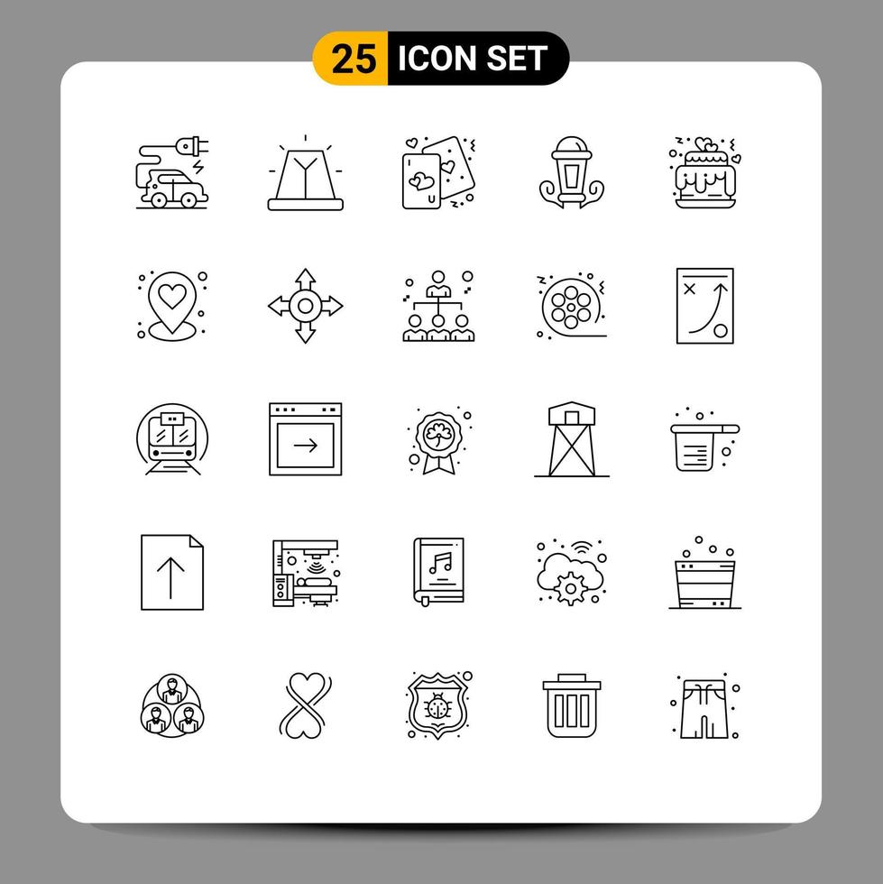 grupo de símbolos de ícone universal de 25 linhas modernas de bolo lanterna coração lâmpada luz elementos de design vetoriais editáveis vetor