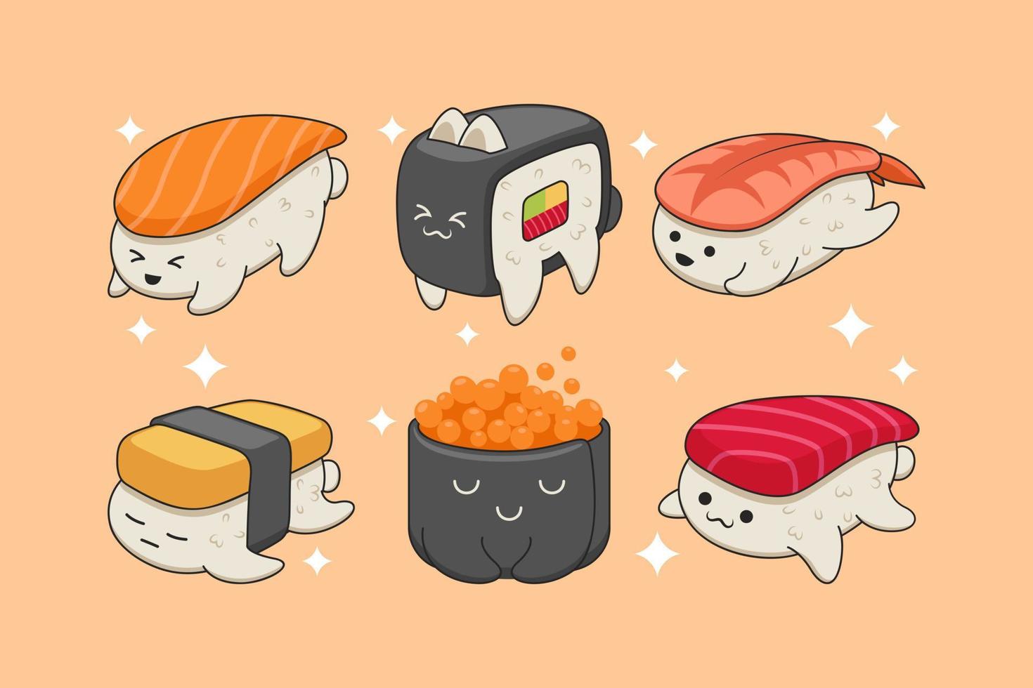 conjunto de personagem de sushi fofo de comida asiática vetor