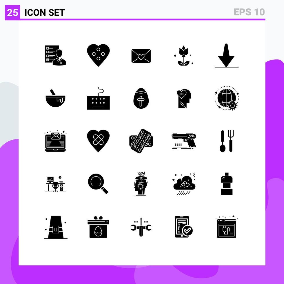 grupo de símbolos de ícones universais de 25 glifos sólidos modernos de botão de coração de flores, acessórios de costura de amor, elementos de design de vetores editáveis