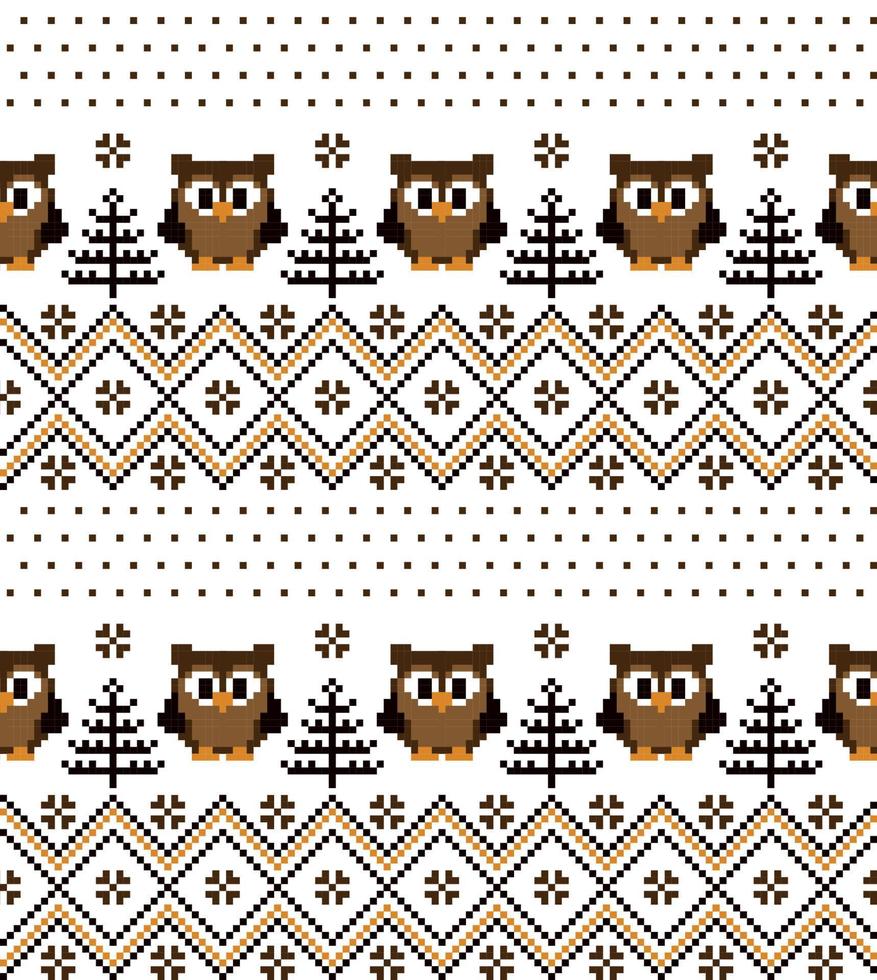 pixel de padrão de natal de ano novo com ilustração vetorial de corujas vetor