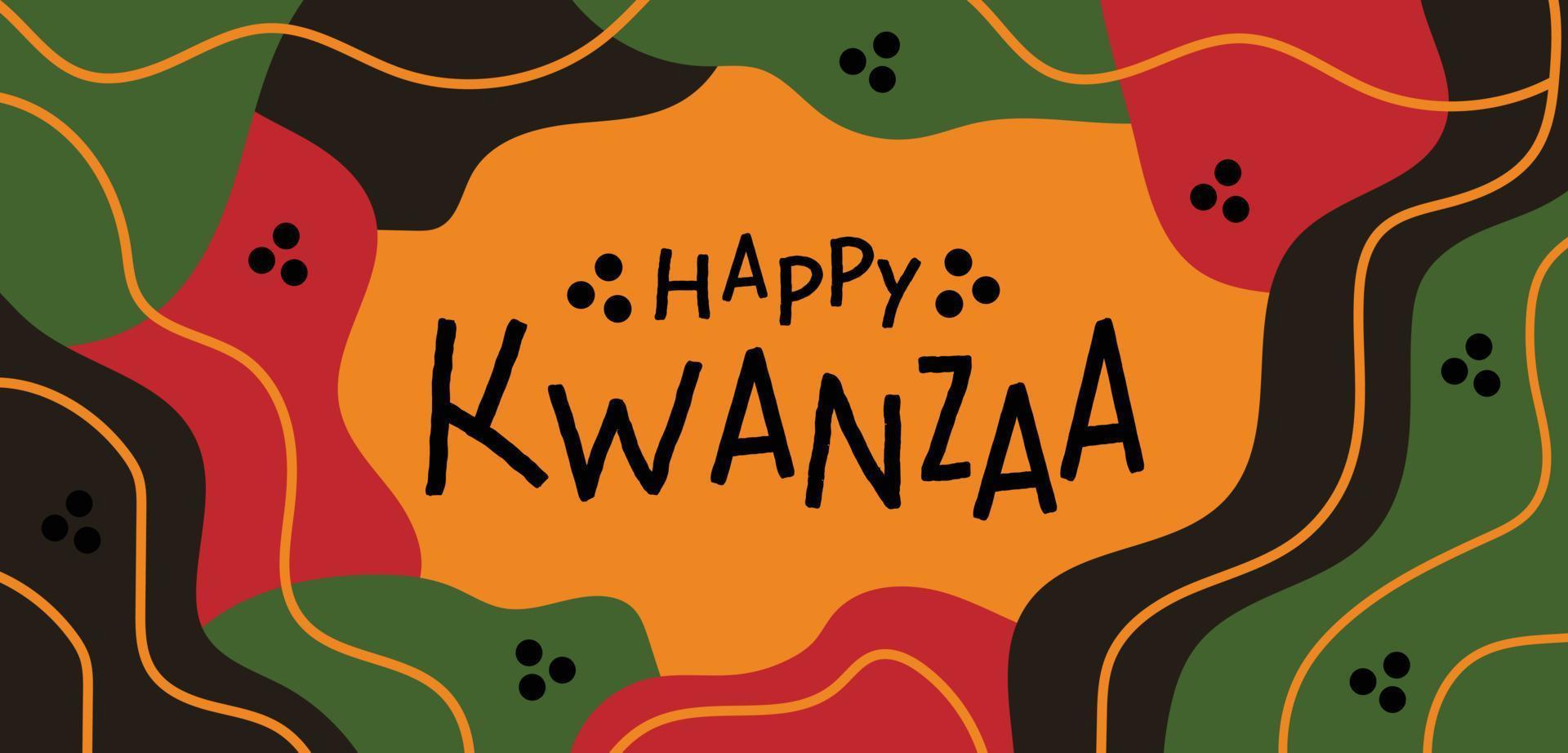 design de banner longo horizontal abstrato feliz kwanzaa com formas orgânicas verdes pretas vermelhas brilhantes aleatórias na cor da bandeira pan-africana, borda de linhas. modelo de vetor para kwanzaa afro-americano