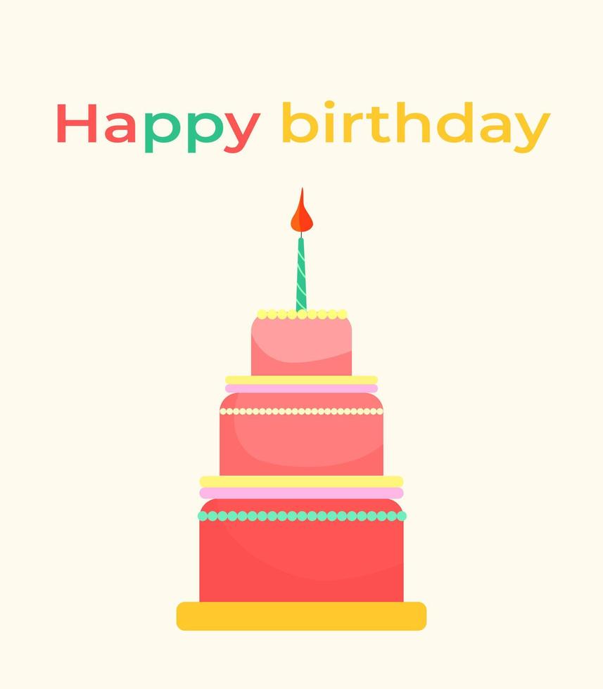 cartão de aniversário. ilustração de um bolo de três camadas com uma vela para o feriado vetor