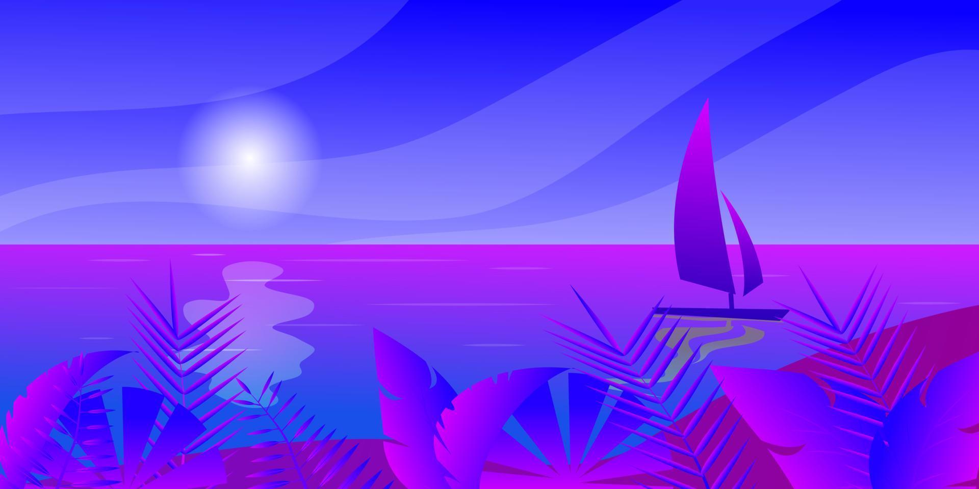 veleiro no mar, nuvens de sol ilha tropical com praia e coqueiros, folhas tropicais, ilustração vetorial para publicidade de viagens, cruzeiros de turismo, descontos de agência de viagens e estilo de papel de vendas. vetor