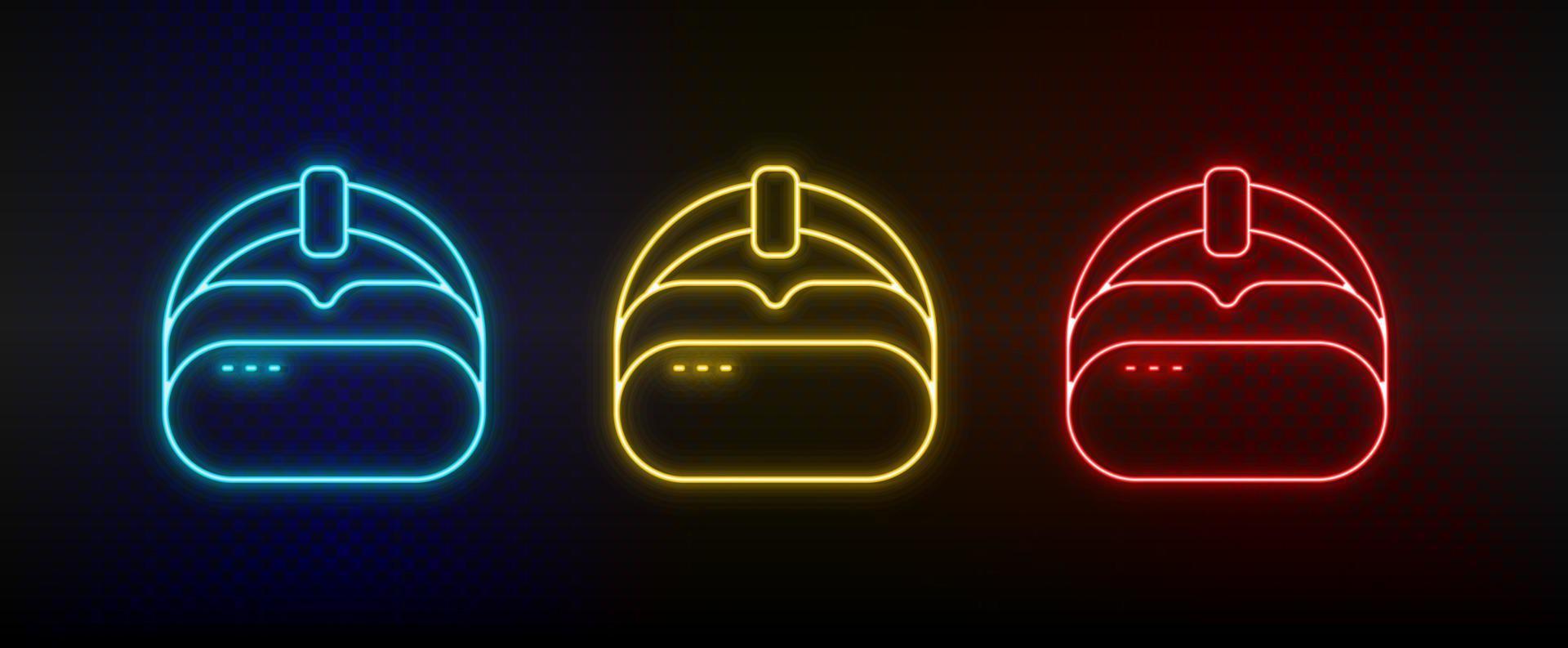 ícones de néon. chapéu vr. conjunto de ícone de vetor de néon vermelho, azul e amarelo em fundo escuro