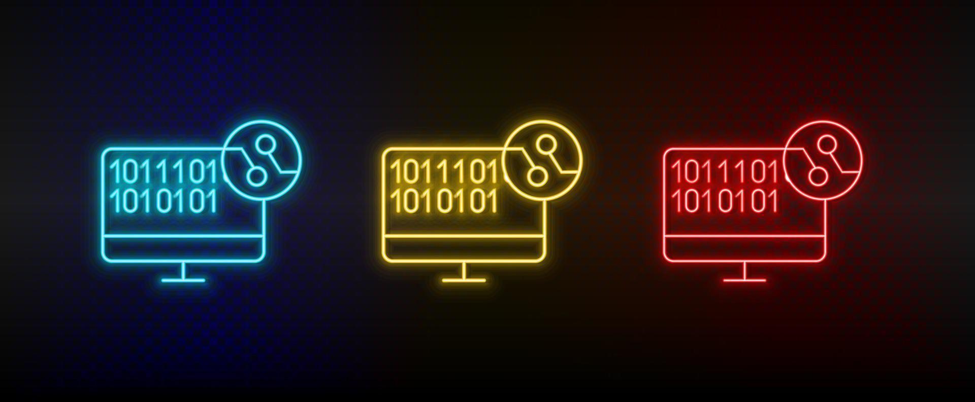 ícones de néon. código de computador ai. conjunto de ícone de vetor de néon vermelho, azul e amarelo em fundo escuro