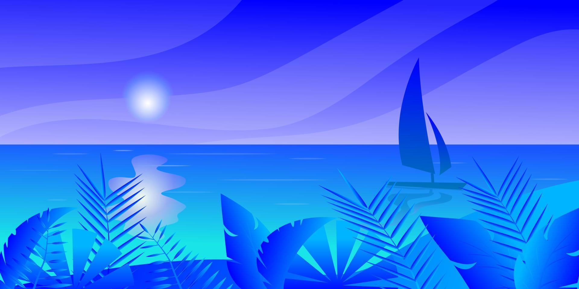 veleiro no mar, nuvens de sol ilha tropical com praia e coqueiros, folhas tropicais, ilustração vetorial para publicidade de viagens, cruzeiros de turismo, descontos de agência de viagens e estilo de papel de vendas. vetor