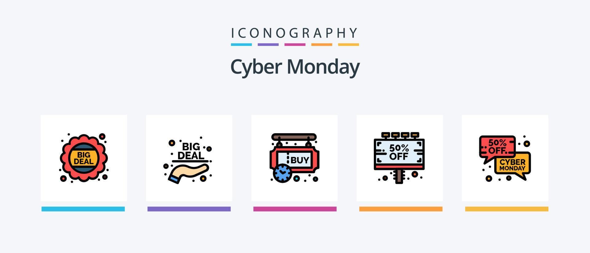 a linha cyber monday preencheu o pacote de 5 ícones, incluindo a porcentagem. exibição. venda. desconto. venda. design de ícones criativos vetor