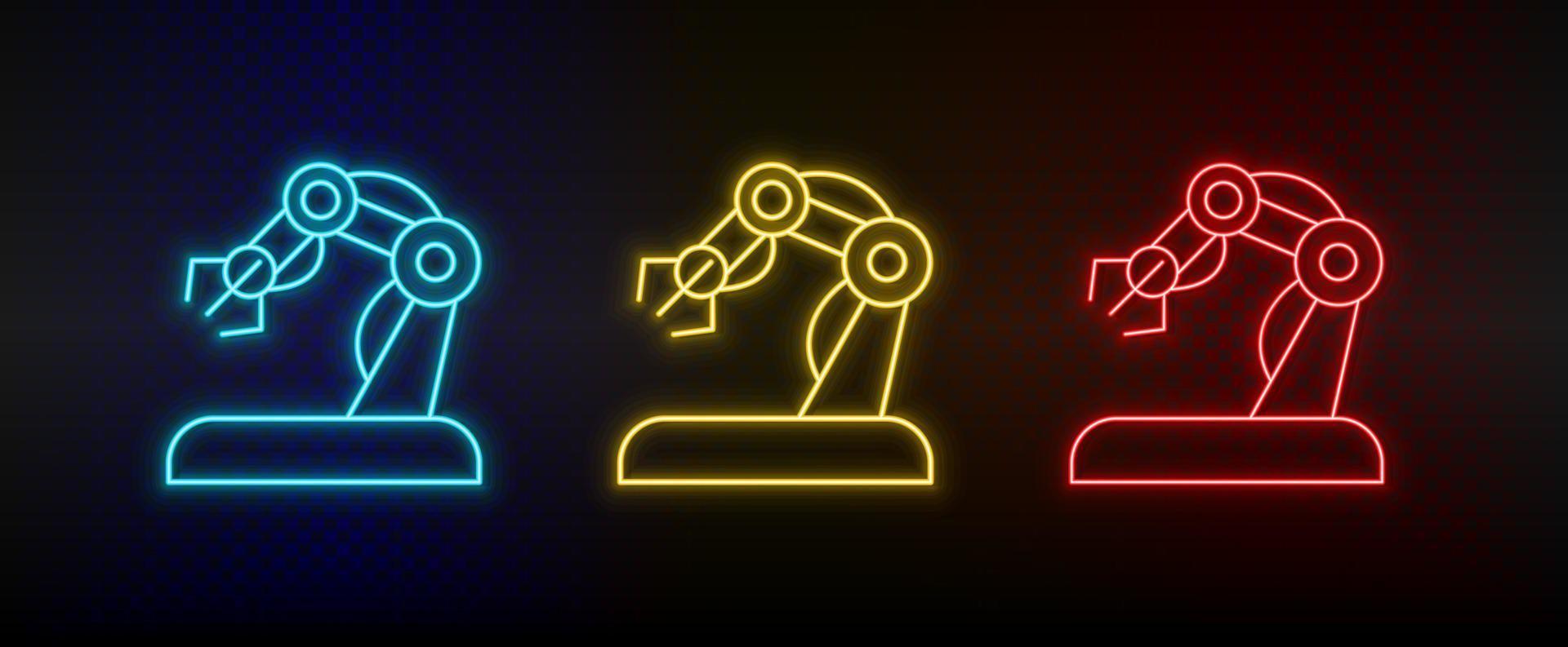 ícones de néon. braço robótico de mão. conjunto de ícone de vetor de néon vermelho, azul e amarelo em fundo escuro