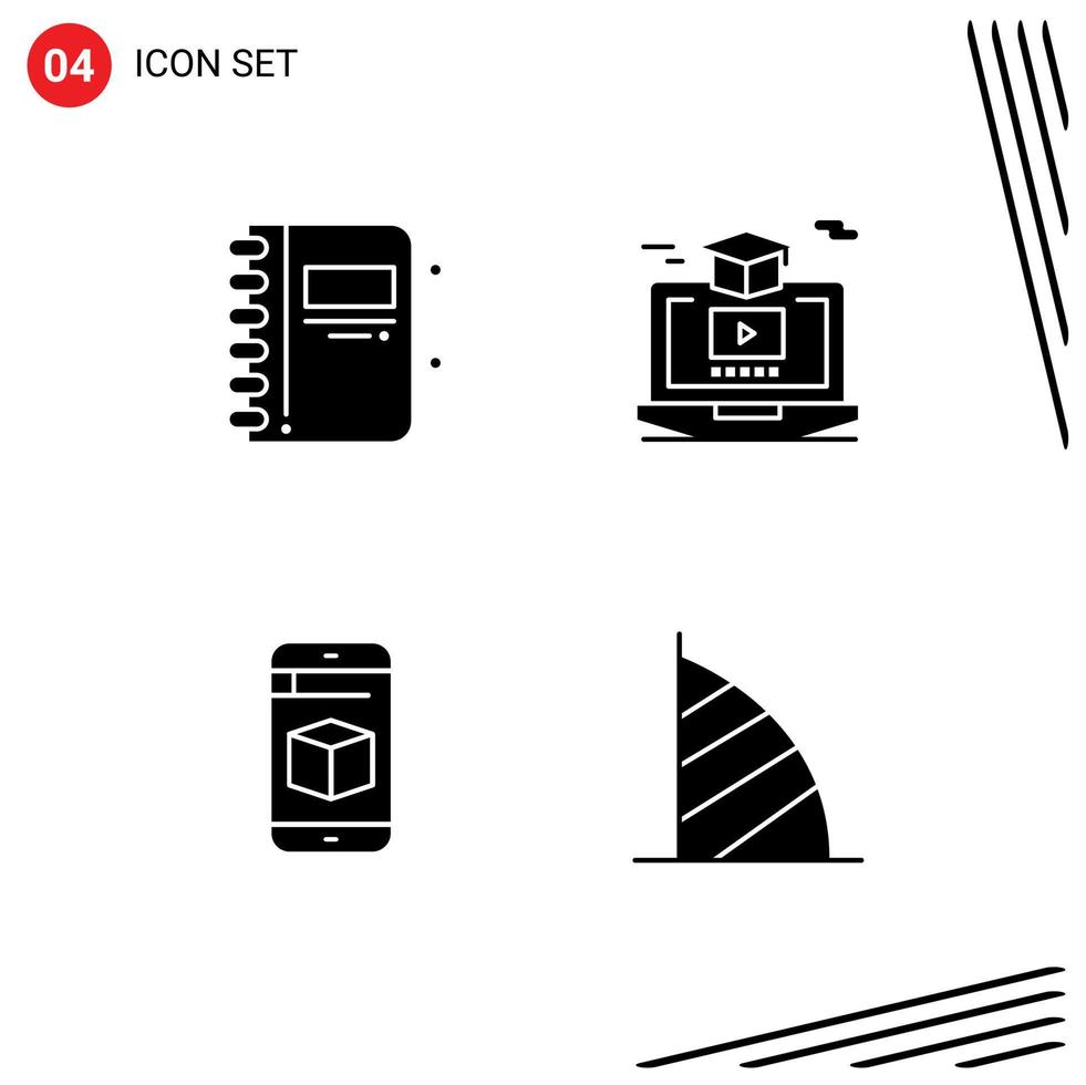 grupo de 4 sinais e símbolos de glifos sólidos para elementos de design de vetores editáveis de caixa de vídeo de livro aberto móvel de volta às aulas