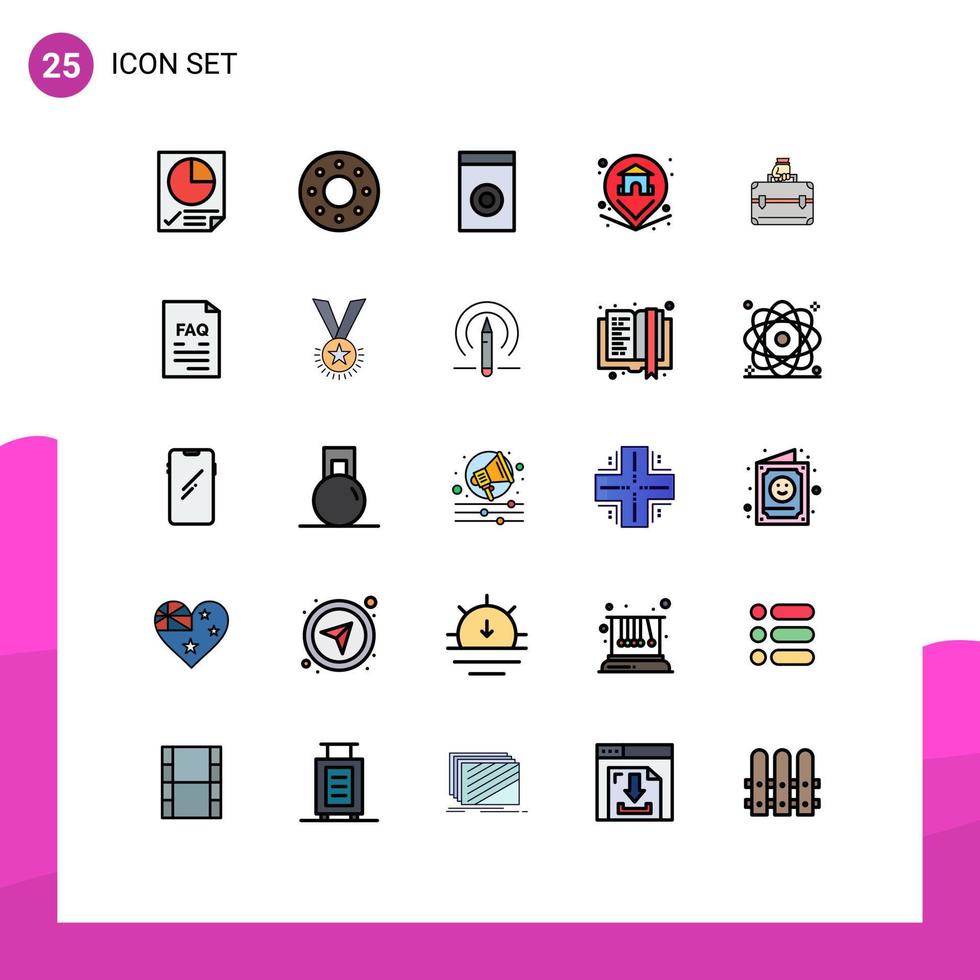 25 interface do usuário linha cheia pacote de cores planas de sinais e símbolos modernos de bolsa maleta propriedade de dinheiro doméstico elementos de design de vetores editáveis
