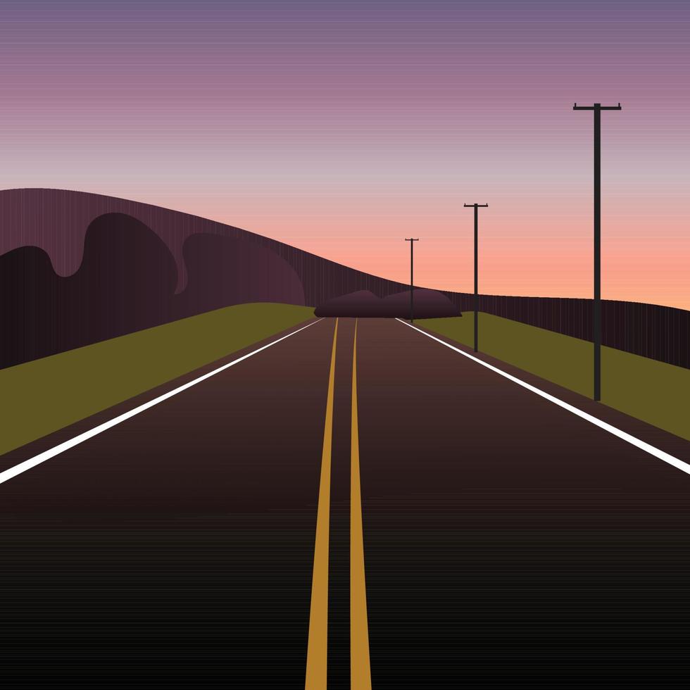 rodovia no pôr do sol, ilustração de estrada, ilustração de rodovia, vetor de estrada, paisagem plana de vetor de rodovia