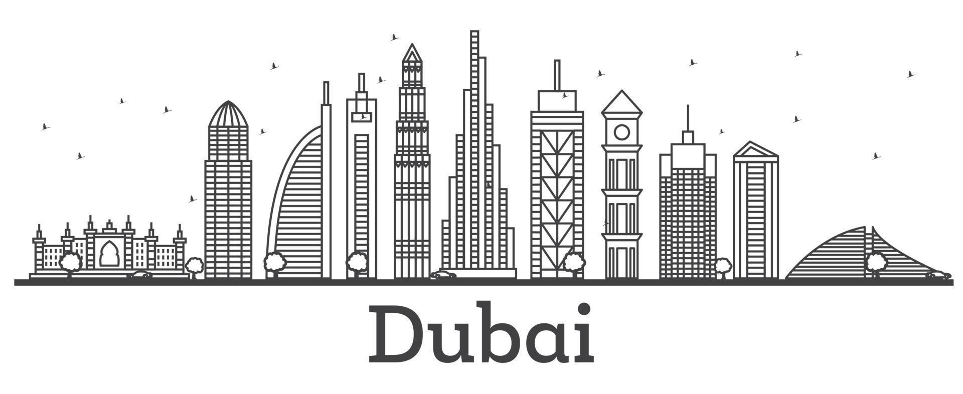 delineie o horizonte de dubai emirados árabes unidos com edifícios modernos. vetor