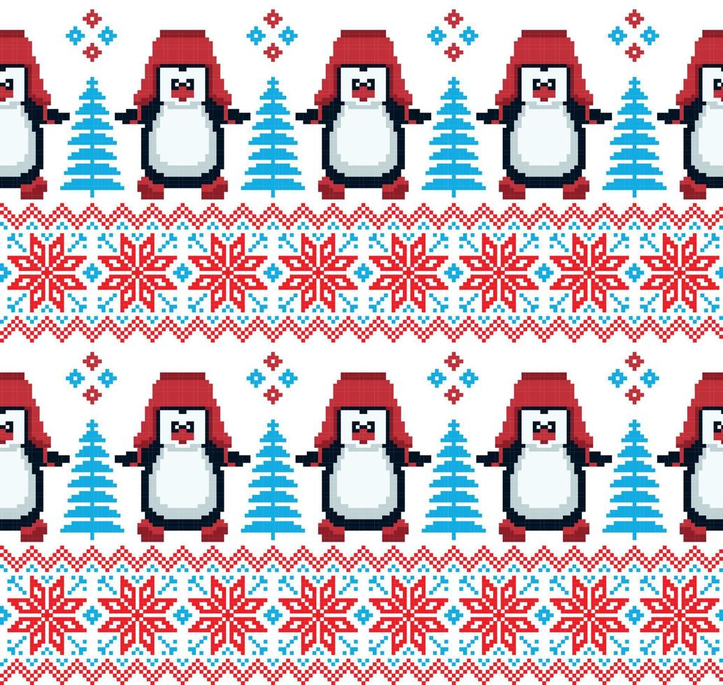 pixel de padrão de natal de ano novo em ilustração vetorial de pinguins vetor