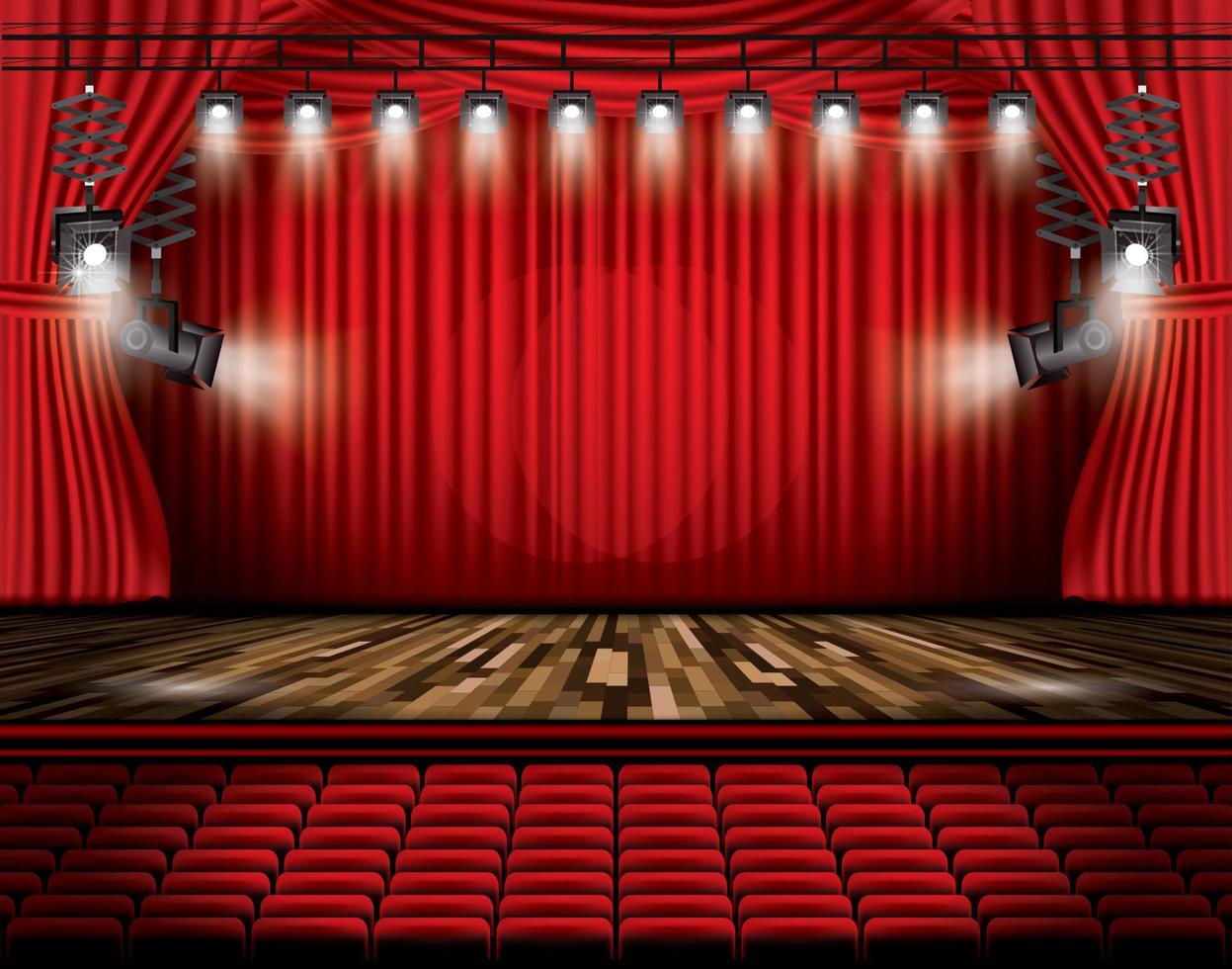 cortina de palco vermelha com holofotes, assentos e espaço para texto. vetor