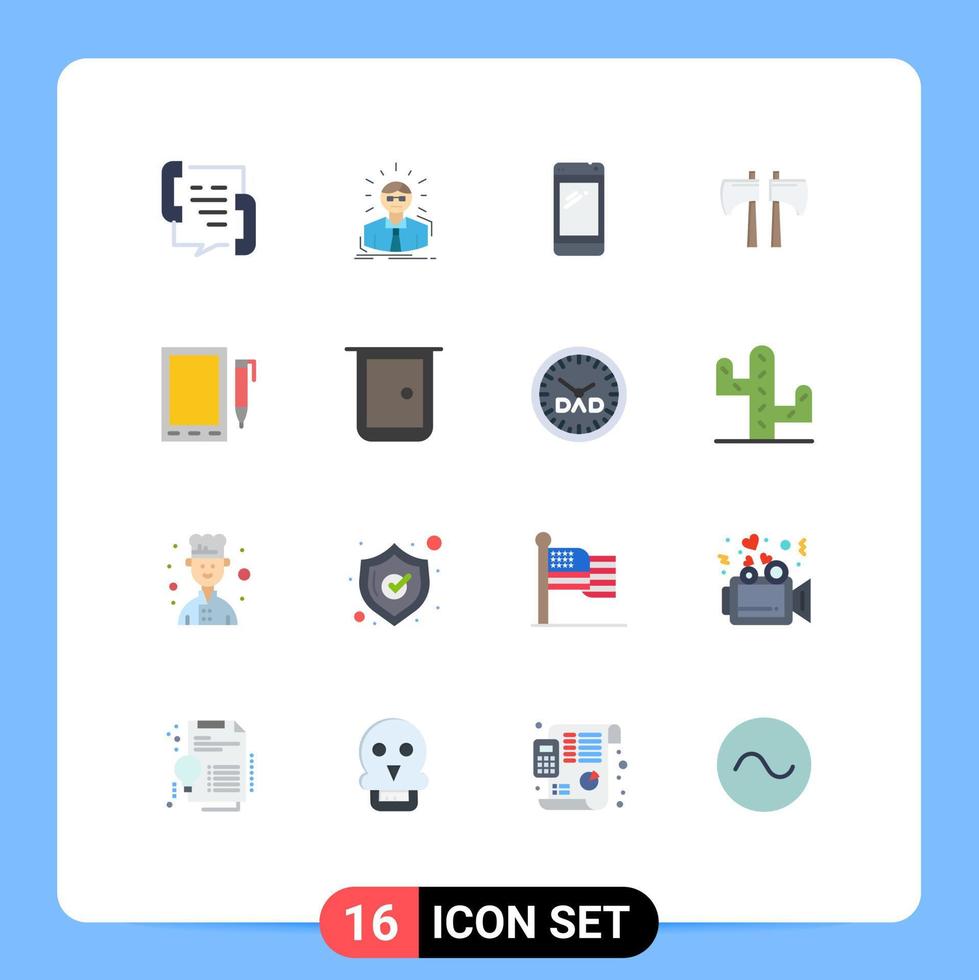 conjunto de cores planas de interface móvel de 16 pictogramas de lenhador machado pessoa banco de potência pacote móvel editável de elementos de design de vetores criativos