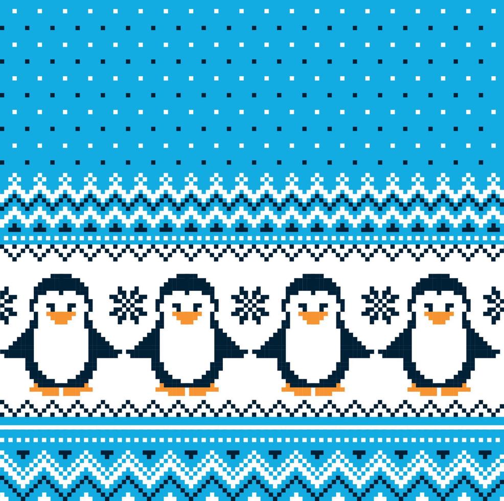 pixel de padrão de natal de ano novo com ilustração vetorial de pinguins vetor