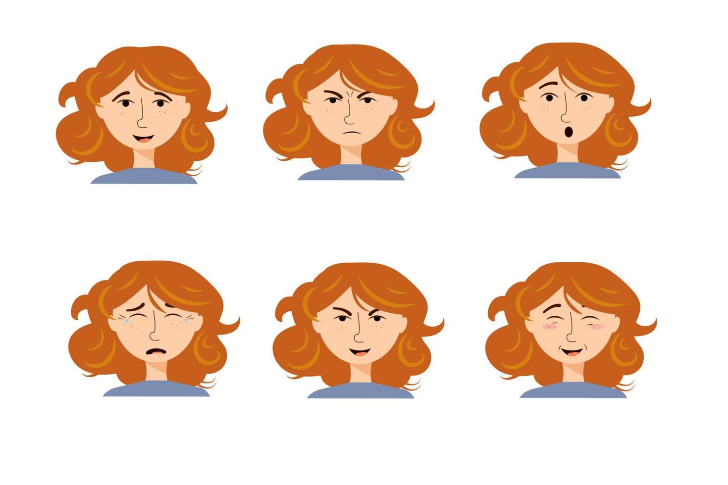 conjunto de emoções faciais femininas. emoticon de uma mulher encantadora com diferentes expressões. ilustração vetorial no estilo cartoon. vetor