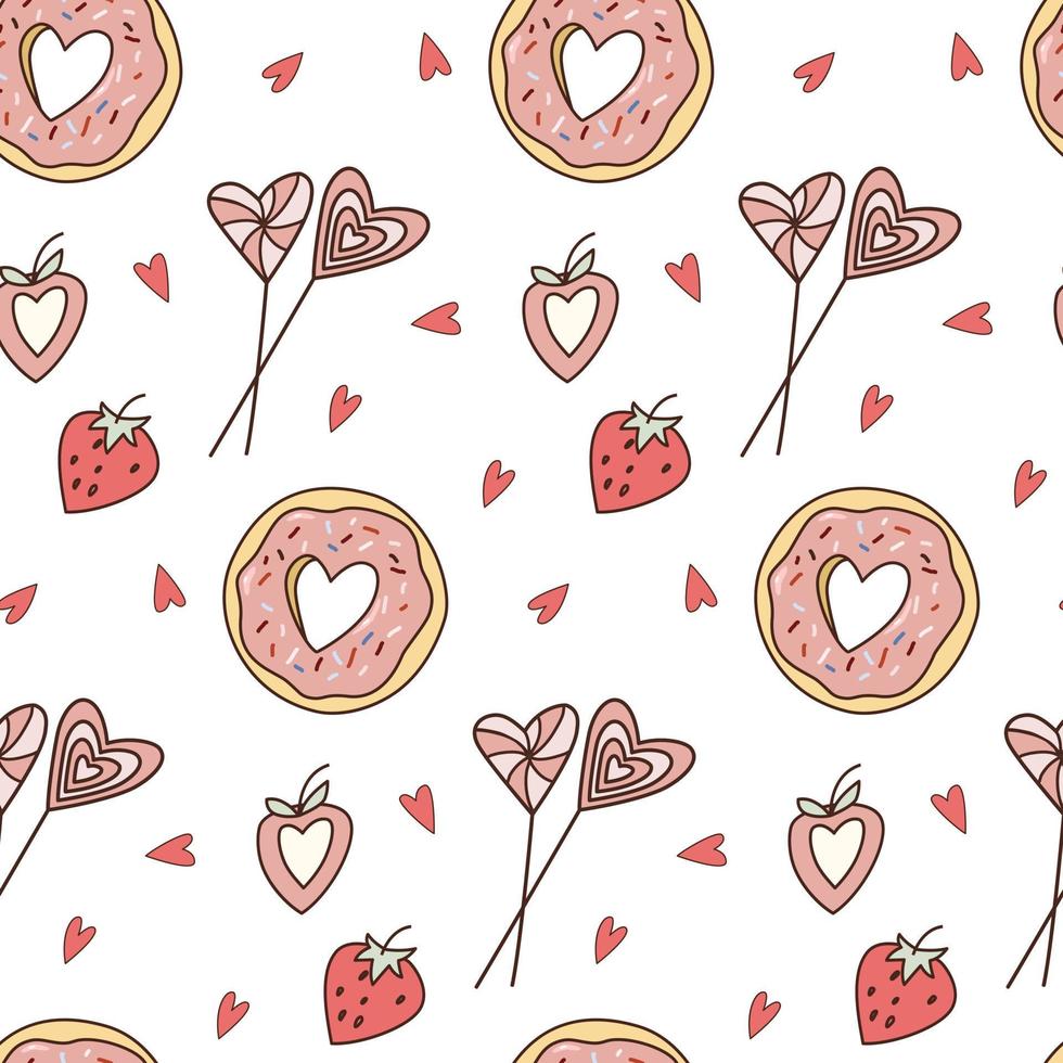 padrão sem emenda de cor rosa e vermelho dos desenhos animados do dia dos namorados. doodle doces, rosquinhas, morangos e corações. vetor