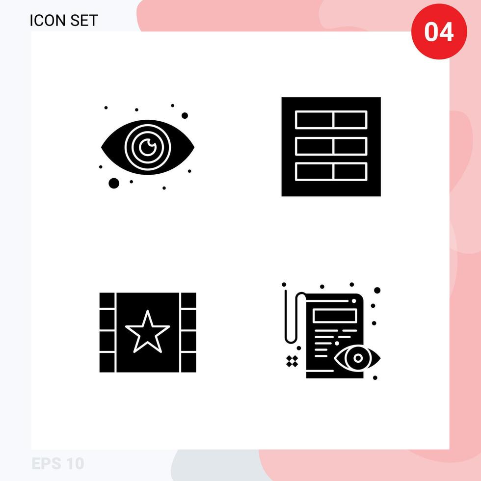 pacote de glifos sólidos de 4 símbolos universais de design de jogador de olho ui estrela elementos de design de vetores editáveis