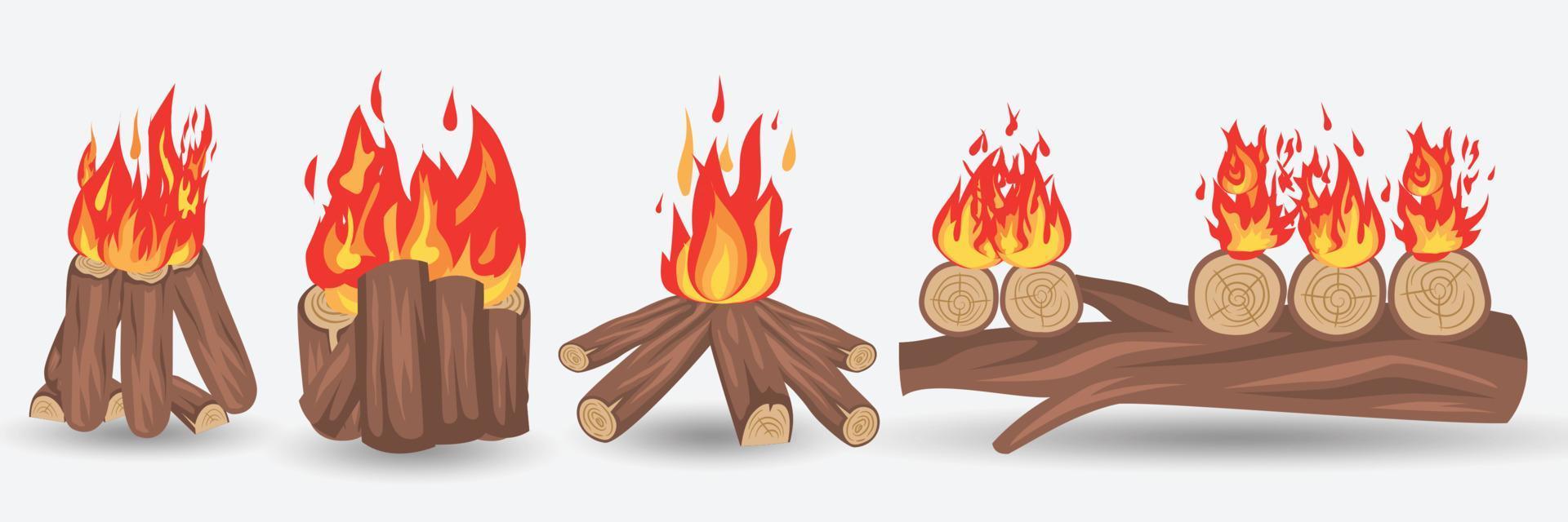 conjunto de queima de fogueira com madeira em um fundo branco. ilustração em vetor plana. apropriado para o ícone da web.