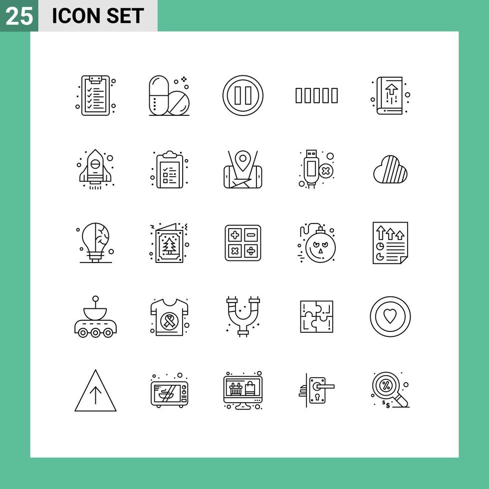 25 sinais de linha universais símbolos de crescimento de foguete pausar elementos de design de vetores editáveis
