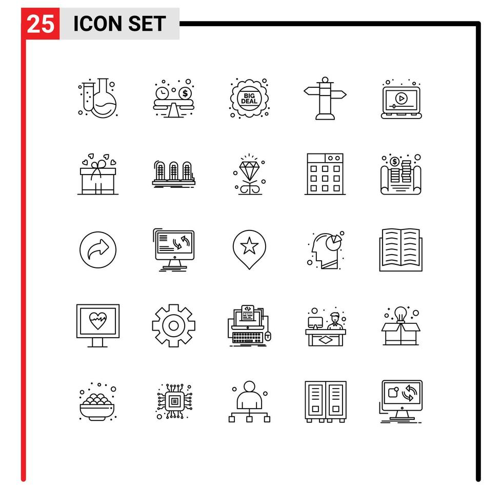 25 ícones criativos, sinais modernos e símbolos de anúncios de desconto de laptop play assinam elementos de design de vetores editáveis