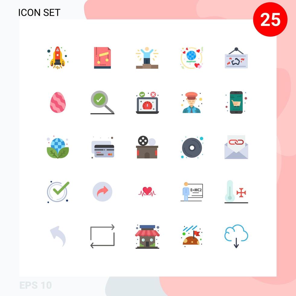 conjunto de cores planas de interface móvel de 25 pictogramas de elementos de design de vetor editável de quadro de homem de mapa de fotos