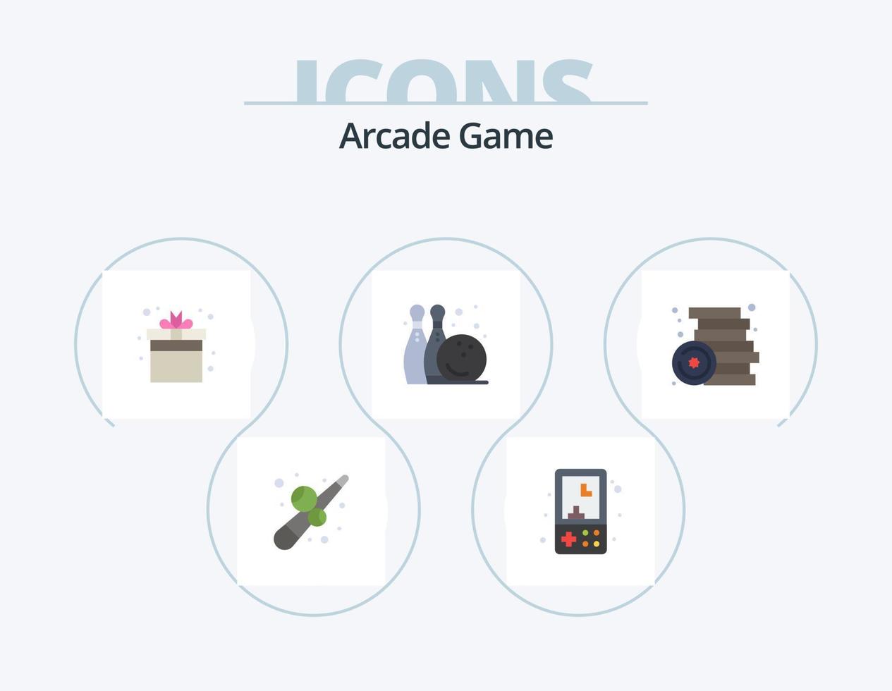 Arcade Flat Icon Pack 5 design de ícone. Reproduzir. Diversão. Reproduzir. pinho de boliche. jogos vetor