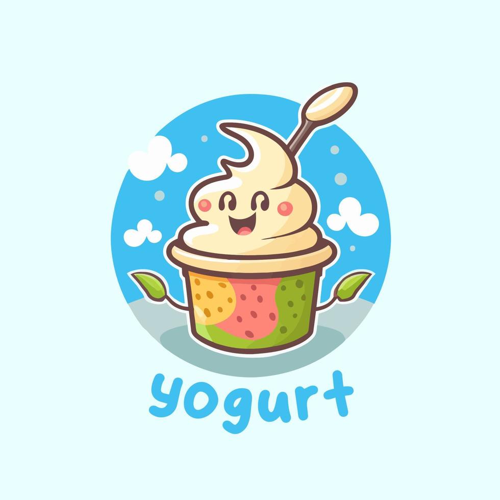 iogurte de frutas no logotipo da xícara mascote fofa sorvete gelato design de arte dos desenhos animados vetor