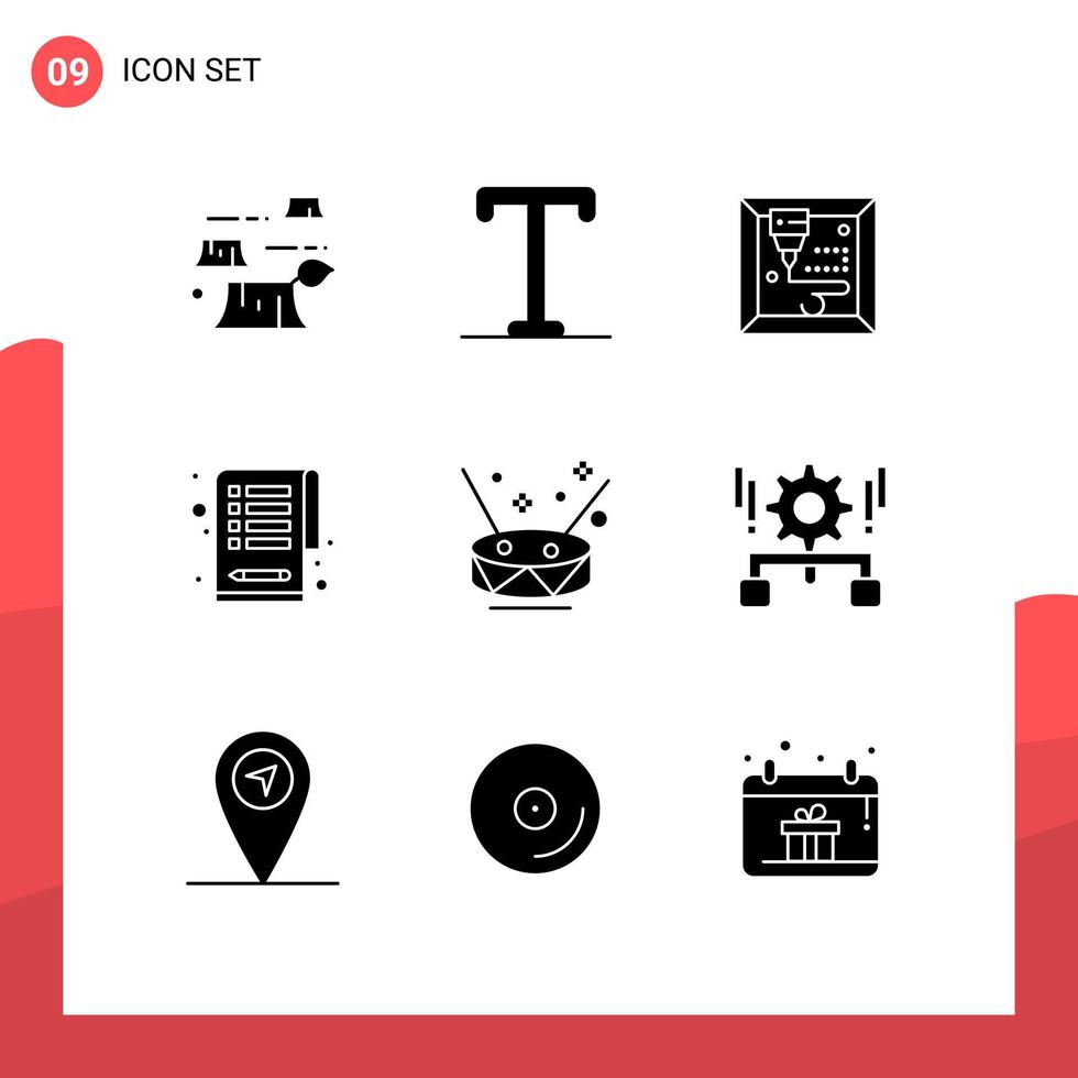 conjunto de 9 sinais de símbolos de ícones de interface do usuário modernos para impressão de festa de engrenagem, tambor de música, elementos de design de vetores editáveis